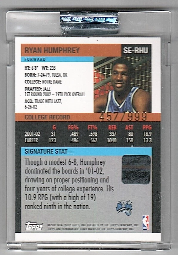 2002-03 Bowman Signature Edition #SERHU Ryan Humphrey Rookie Jersey Auto #/999 - Image 2 of 2