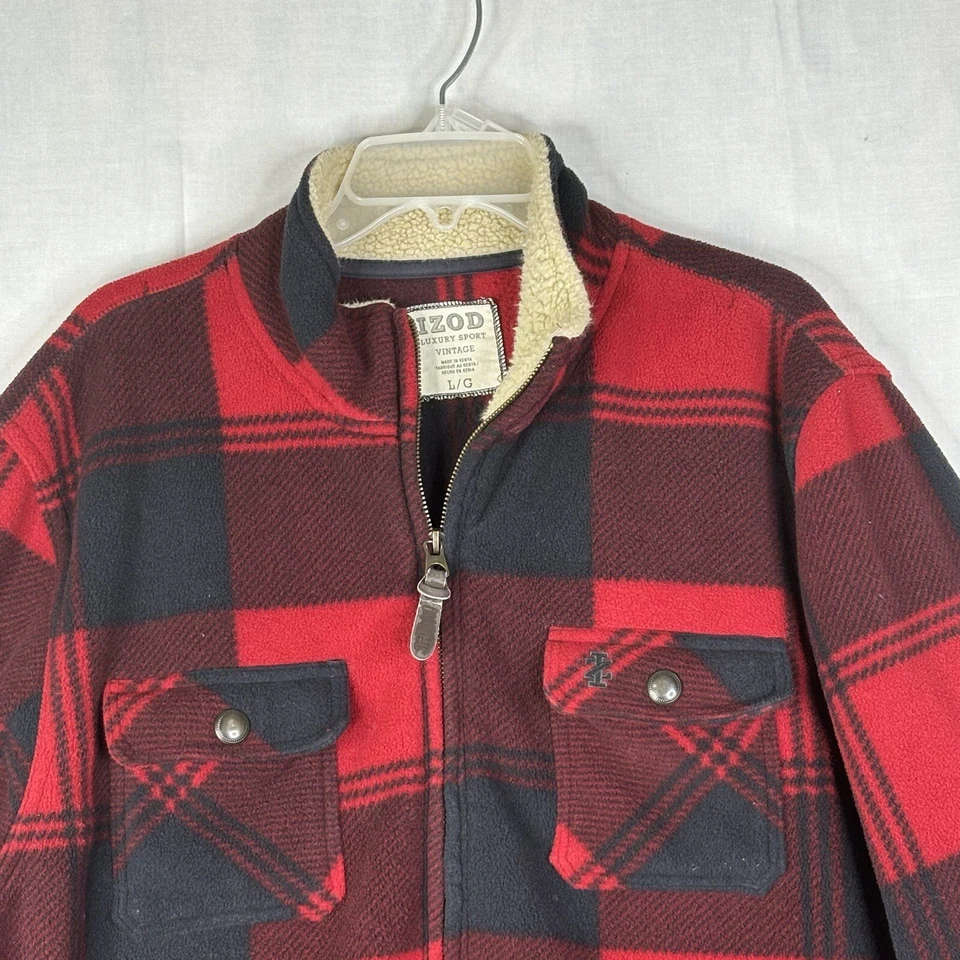 Izod Shacket Para Hombres Grande Rojo Negro Búfalo Cuadros Polar Camisa Chaqueta Exterior Foto 2 de 4
