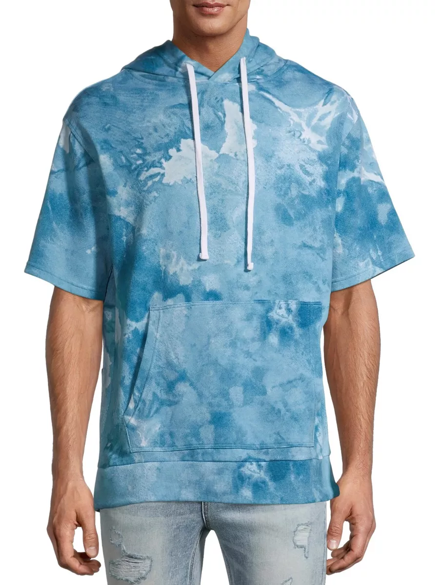 No Boundaries Mens S 34 36 Blue White Tie Dye Short Sleeve Hoodie Front Pocket