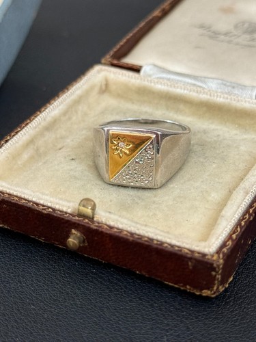 Vintage Mens Signet Ring Gold & Silver Two Tone Chunky Textured Star Size V - 第 4/9 張圖片