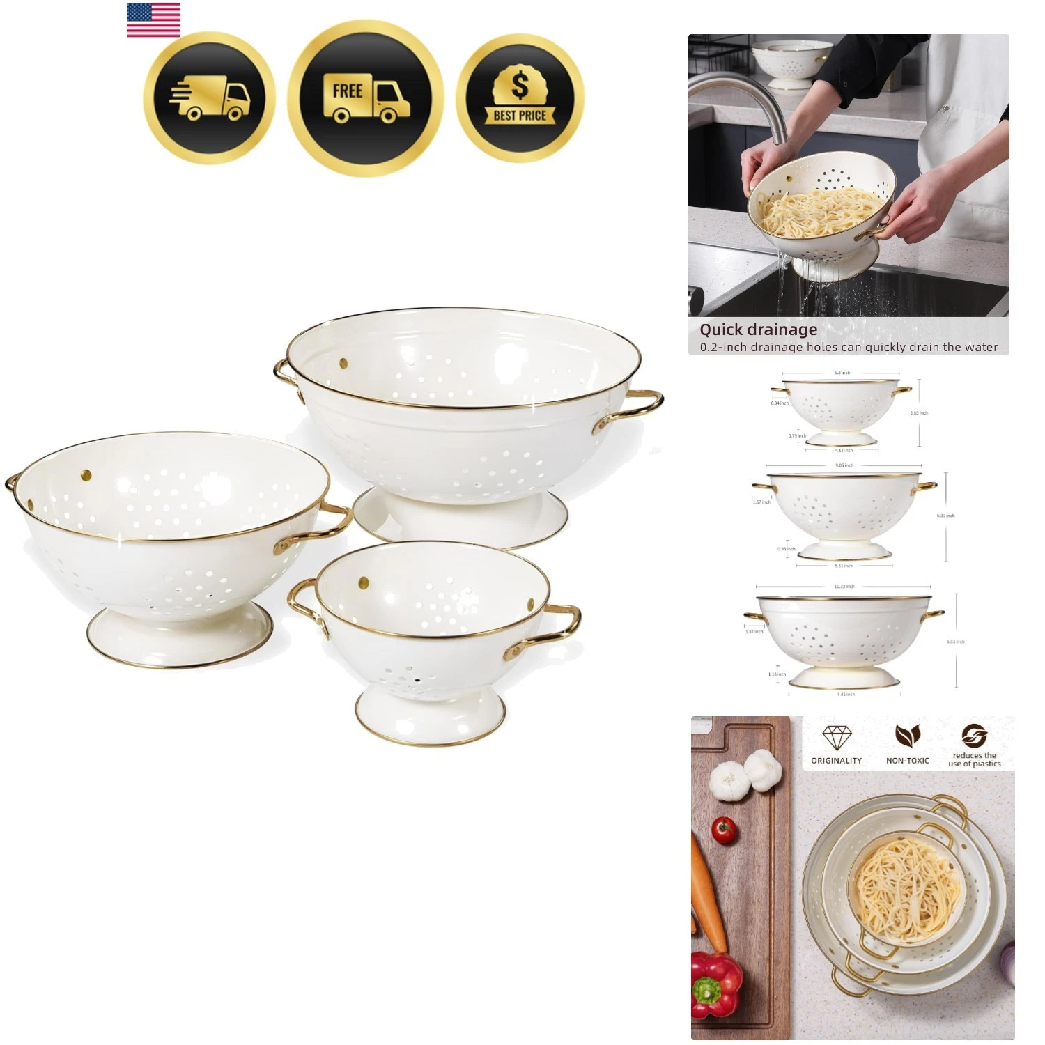 Metal Colander Set of 3, Strainer Basket with Handles perfect for Spaghetti, ...
