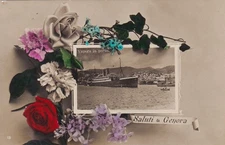 CARTOLINA DI GENOVA ,UN SALUTO DA GENOVA - VAPORE IN PORTO  viaggiata 1924