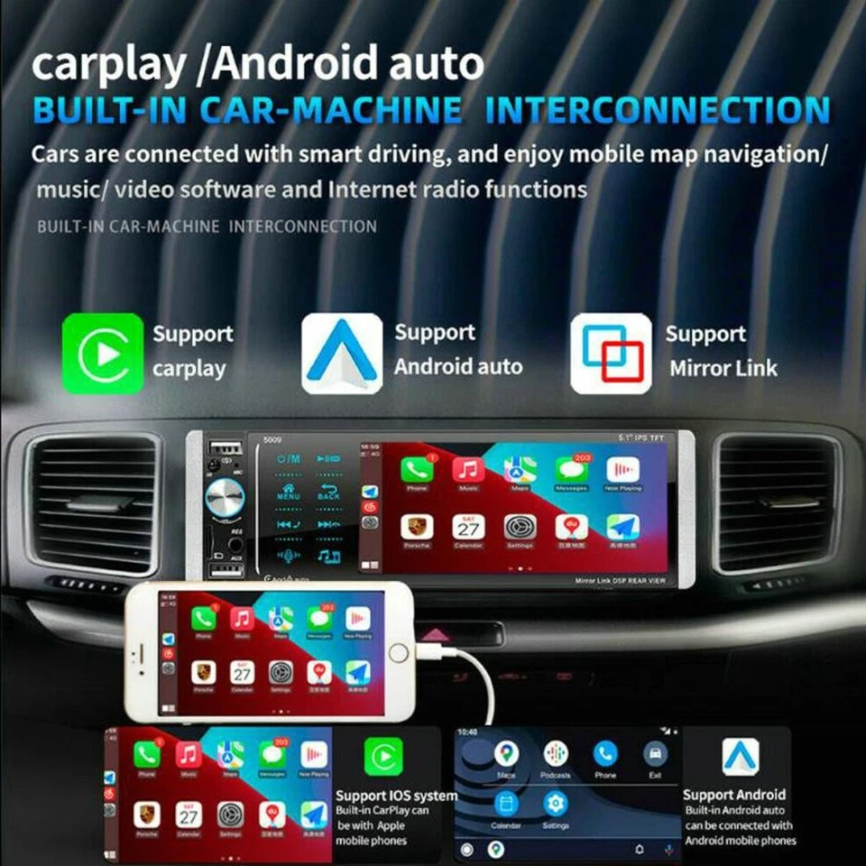 5.1"Single 1 Din Car Stereo Radio MP5 Player Bluetooth Touch Screen Carplay FM Foto 4 de 4