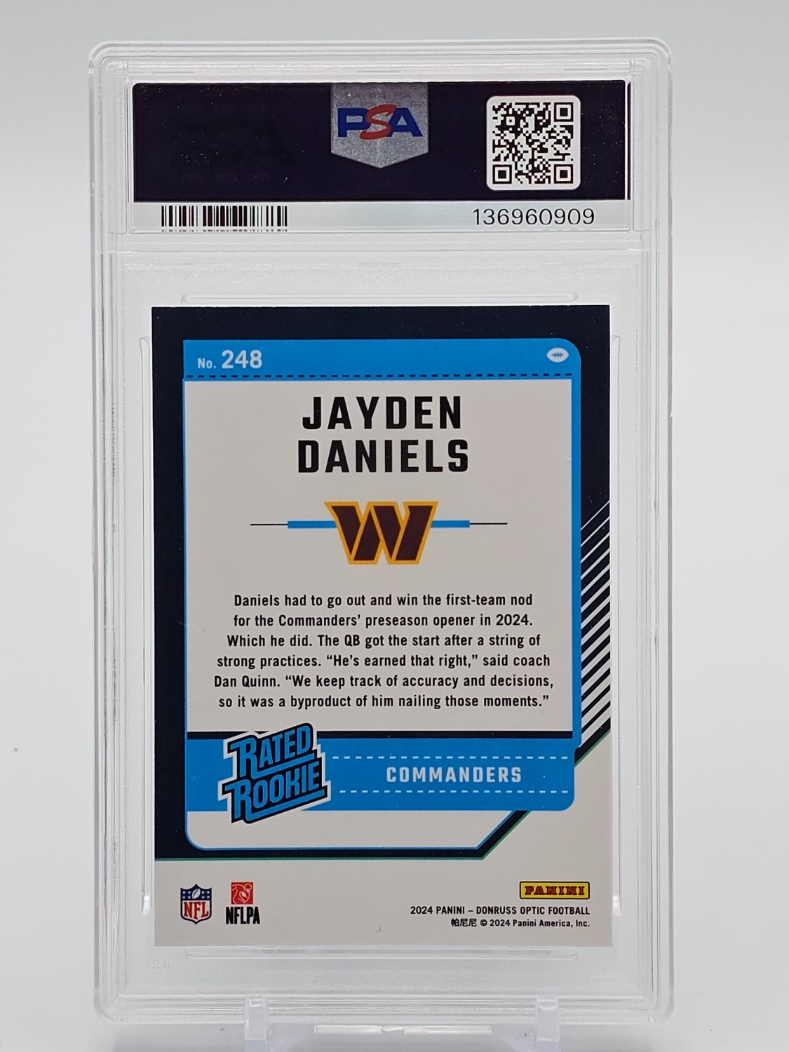 JAYDEN DANIELS 2024 DONRUSS OPTIC RATED ROOKIE RC #248 COMMANDERS PSA 8 Q0856 view 2