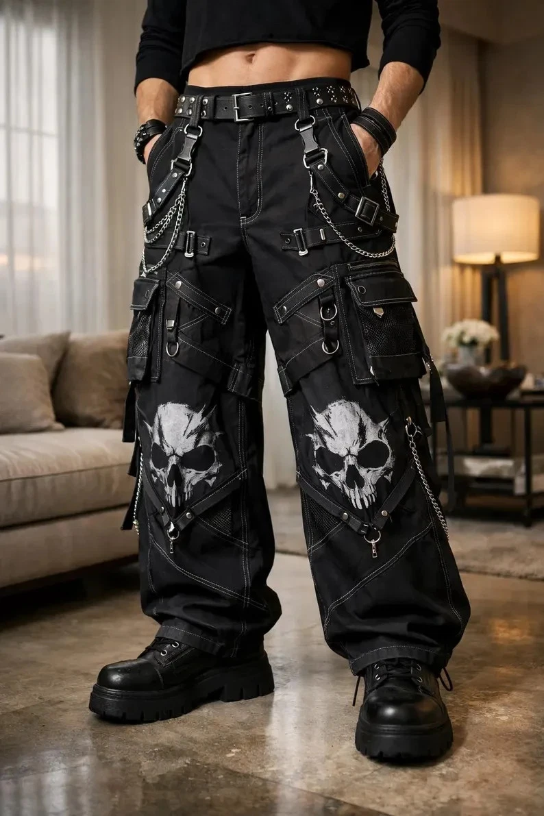 Mens Gothic Cargo Pants, Cotton Blend Fabric, Black Color, Streetwear Punk Style