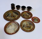 RARE Antique Ohio Art Tin Litho Child Toy Dish & Cup Cat Kitten Tea Set 9 Pieces