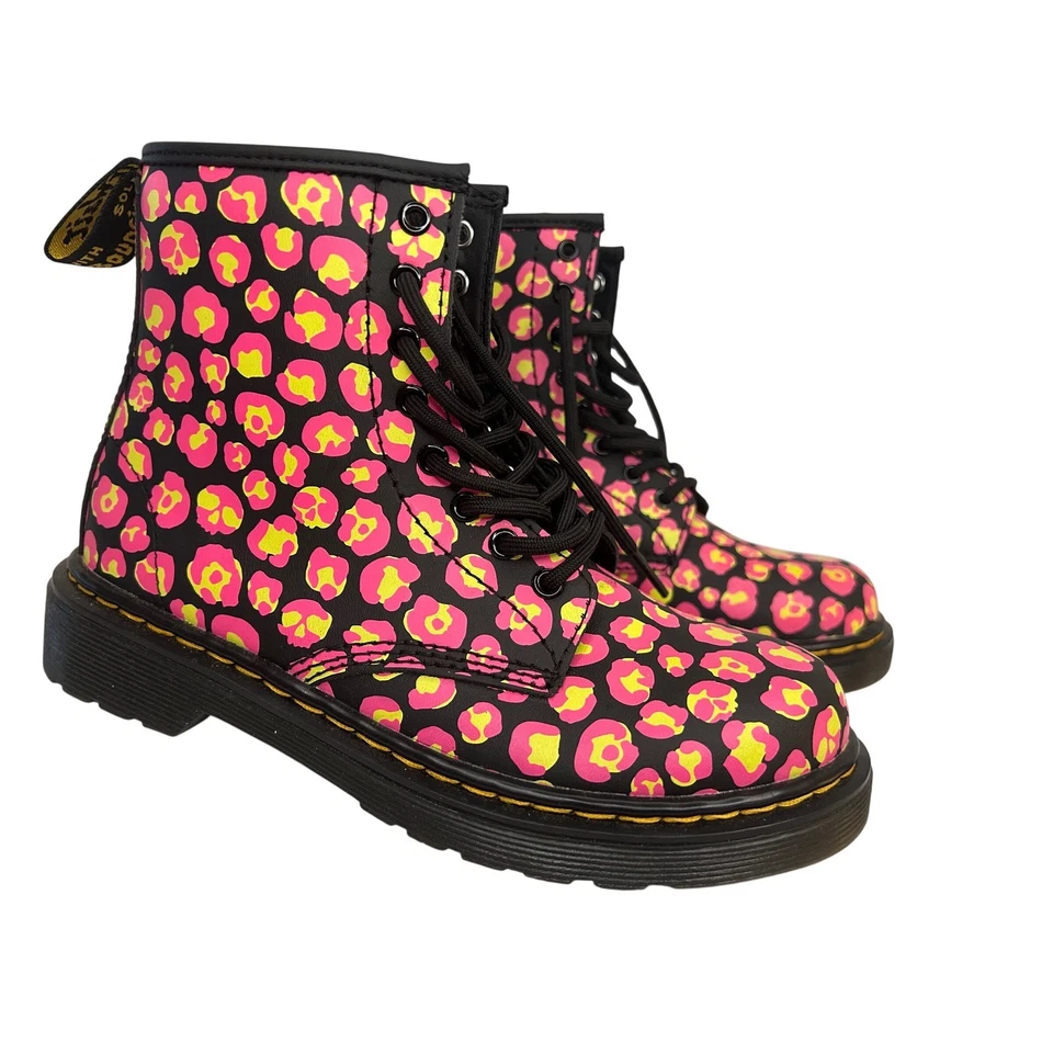 Dr Martens Docs Leopard Print Leather Boots Kids Lace Up Zip Hot Pink Yellow S 2 - Image 2 of 4