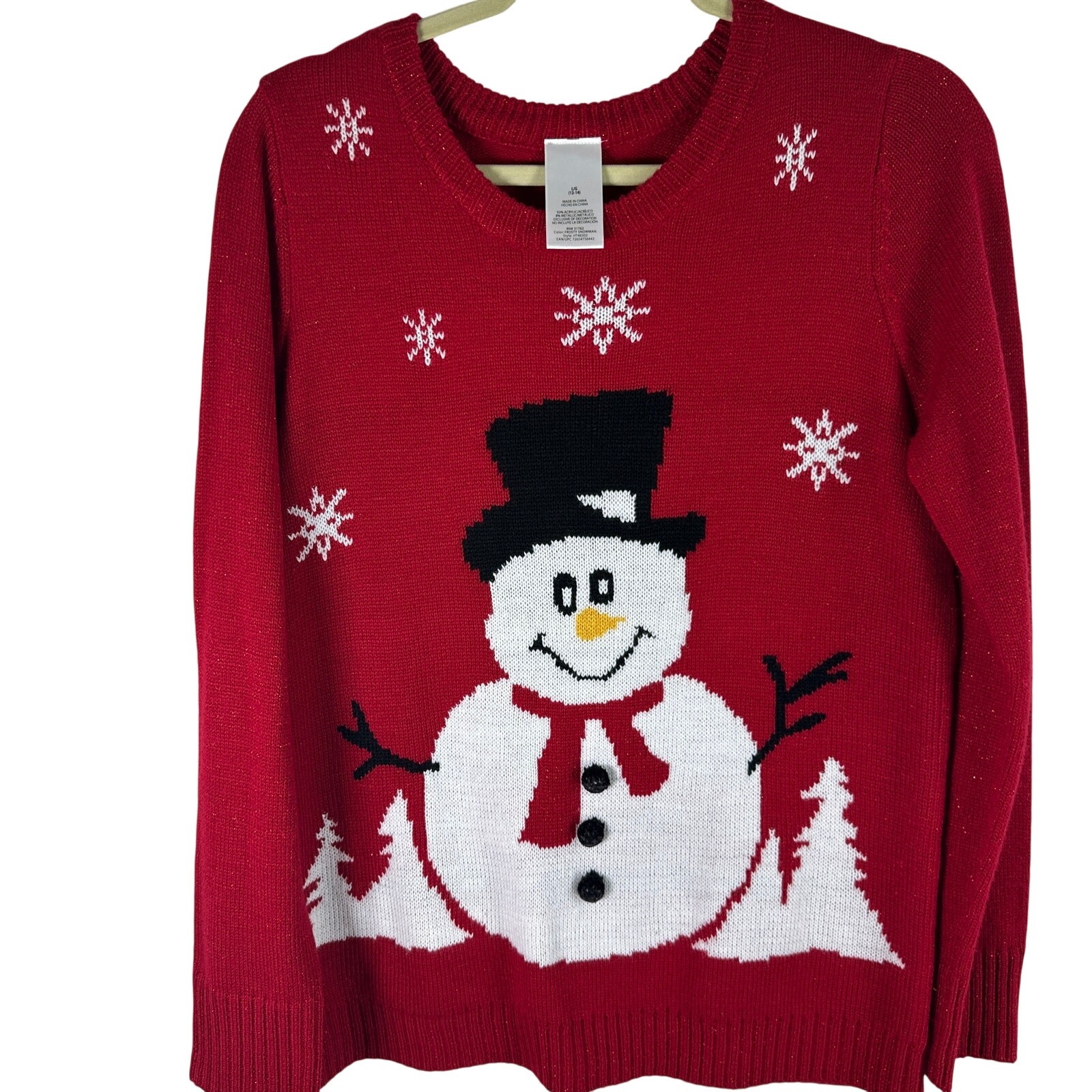 Frosty Snowman Christmas Sweater Large 12 14 Red Ugly Holiday Cottage Core
