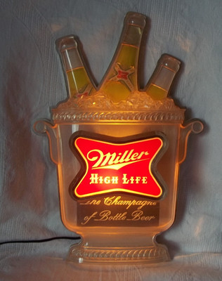 Vintage Miller High Life Champagne Bottles In Ice Bucket Beer Light Up Bar Sign