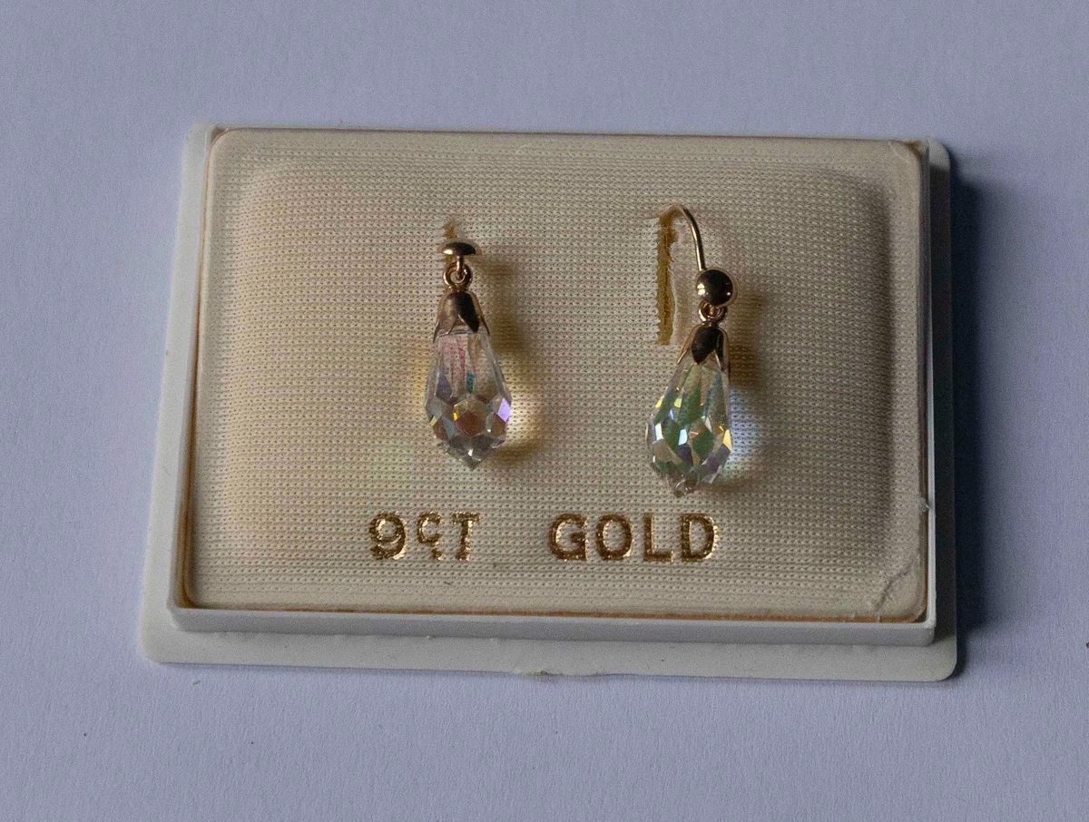 Hallmarked 9ct gold earrings with glass tear drops