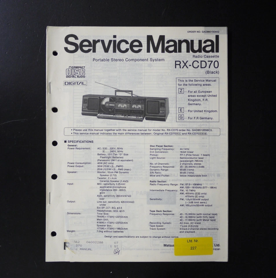 Original Panasonic RX-CD70 Portable Radio Cassette Recorder Service Manual S33 - Bild 1 von 1