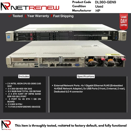 DL360-GEN9 HP ProLiant 128GB Ram 2x Intel Xeon  E5-2690 2.60 GHZ Cpu  2x300GB HD