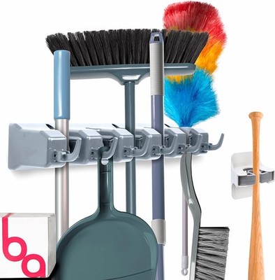 Combo 5 Slot Broom Holder w/ 1 Self Adhesive Mop Gripper No-Drilling