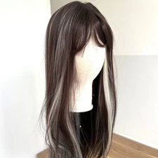 Long Straight Mixed Brown blonde Cosplay Wigs With Bangs Synthetic Hair
