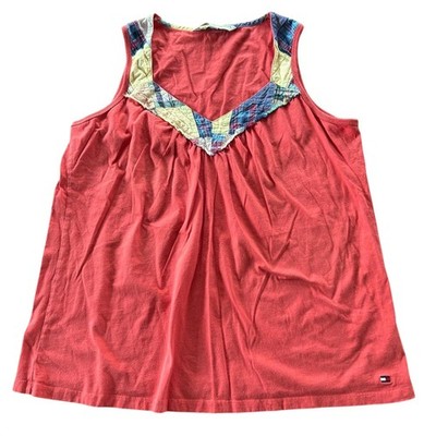 Wms Y2K Plus Size 3X Tank Top Coral Plaid Patchwork V-Neck Preppy Tommy Hilfiger