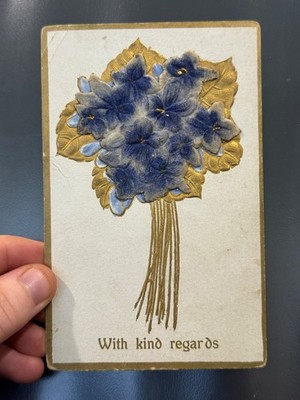 Vintage Postcard With Kind Regards Blue Flowers Gold Embossed