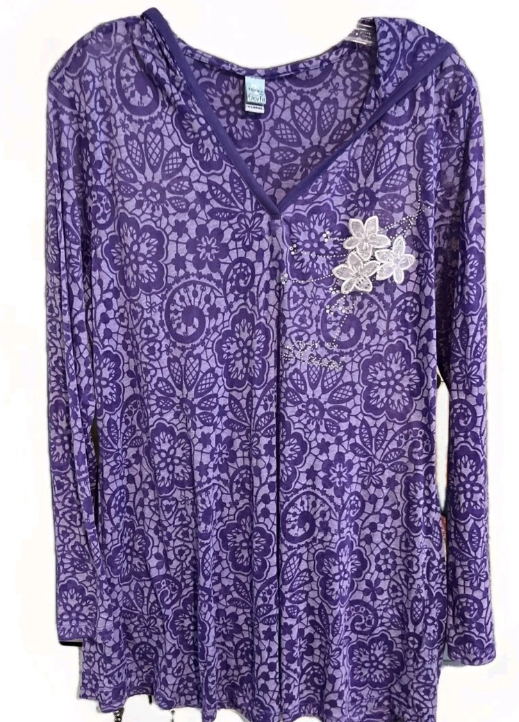 Kauai Rhinestone Hoodie Top XL Applique Floral Embroidered Boho Purple
