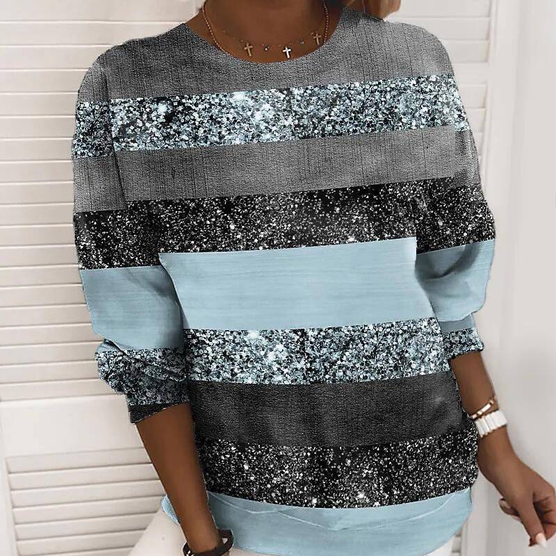 Spring And Autumn New Patchwork Striped Digital Printing Long-sleeved Women's Sw