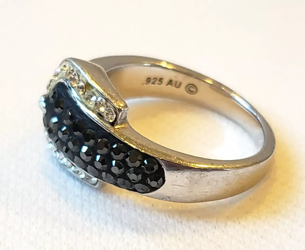 AU 925 Sterling Silver Buckle Ring With Rhinestones Crystals Blue White 7.5
