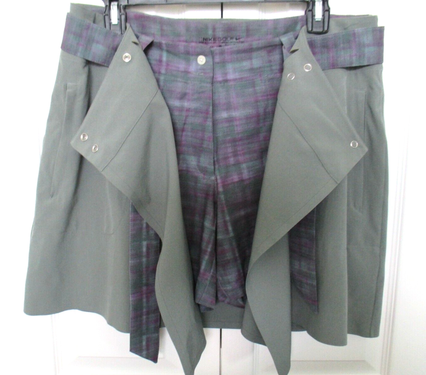 NIKE Womens Golf Dri Fit Gray Wrap Skirt Gray & Purple Plaid Skort & Belt 8 NWOT