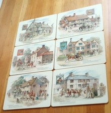 Set 6 tappetini vintage foglia quadrifoglio vecchi OLD INNS taverna Regno Unito Inghilterra rari
