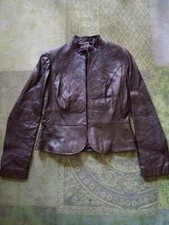M&s Autograph Floral Embellished Short Brown Leather Jacket (uk 14)