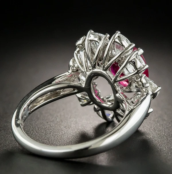 Simulated 4.36 TCW Cherry Red Ruby & White Sapphire Flower Design Women's Ring - Image 3 of 4