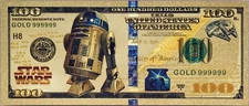 Artoo-Detoo R2-D2 Star Wars $100 Novelty 24K Gold Foil Plated Note Bill  XX069