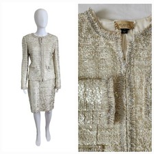 ST. JOHN Knit Cream Gold Silver Fringed Trim Shimmer Jacket Skirt Suit Set 8