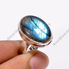 Natural Blue Labradorite Ring 925 Sterling Silver Handmade Statement Boho Rings