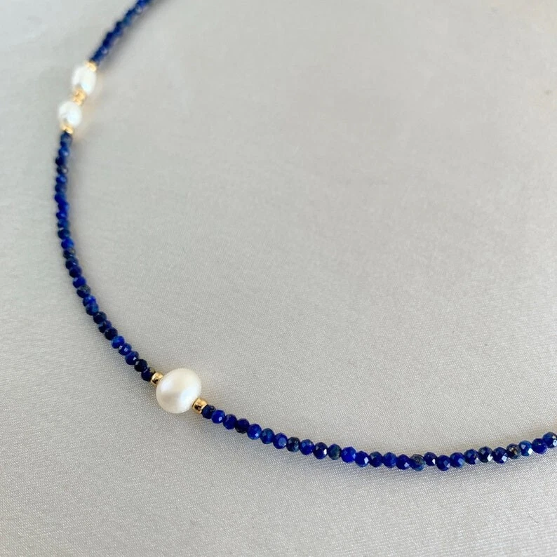 White Pearl & Lapis Lazuli 2 Multi Faceted Round A++ Gemstone Beads 18" Necklace - Image 2 of 4