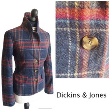Ladies Dickins & Jones Red Blue Check 100% Tweed Wool Jacket Size 12