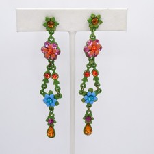Rhinestone Flower Colorful Enamel 3" Y-Drop Dangle Womens Pierced Earrings