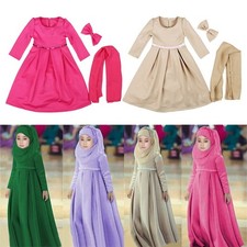 Muslim Pretty Girl Kids Overhead Khimar Hijabs Long Dress Kaftan Abaya 3Pcs Set