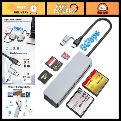 5-in-1 CFast Card Reader USB 3.0 & USB-C, 5Gbps Aluminum Adapter, Reads 5 Cards