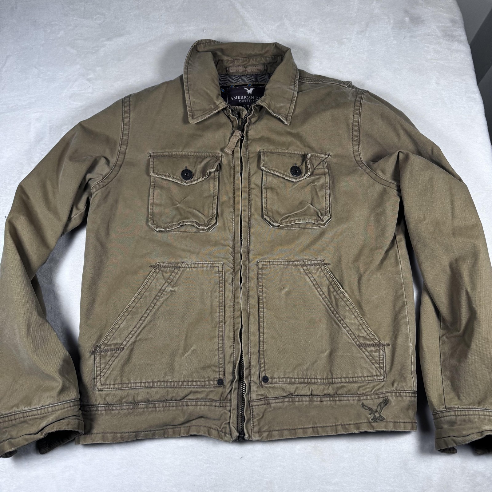 American Eagle Jacket Mens Medium Brown Canvas Utility Lined Full Zip Workwear