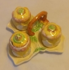 Vintage Brentleigh Leaf Flower Condiment Set Salt Pepper Mustard/Sauce Yellow...