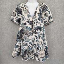 Pilcro Dress Womens Sz S Blue Floral Button Linen Puff Sleeve Mini Boho Pockets