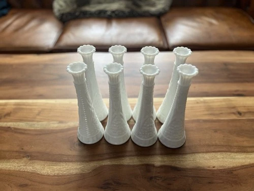 Lot of 8 Vintage White Milk Glass Stars and Bars 9" Bud Vases