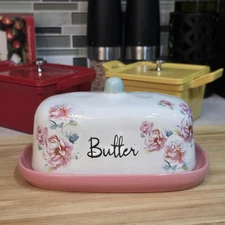 Blushing Blossoms Collection Ceramic Butter Dish Floral Roses Pink Base Lid