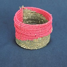 Pink  Silver Beaded Cuff Bracelet Wide Statement Boho Ethnic Style