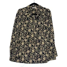Pleione Pullover Top Women's Size Large Black and Brown Flowers 