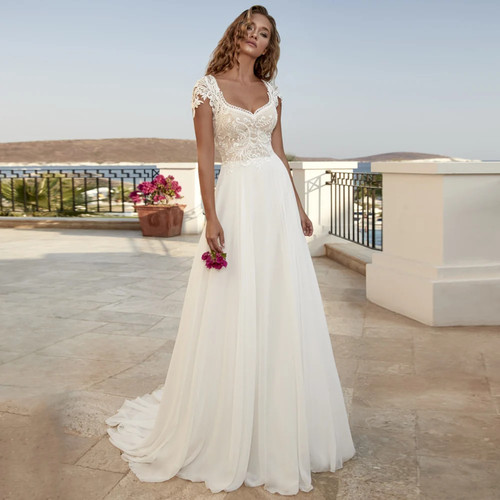 New White Long Wedding Dress V Neck Lace Appliques Chiffon A Line Cap Sleeve - Picture 4 of 10