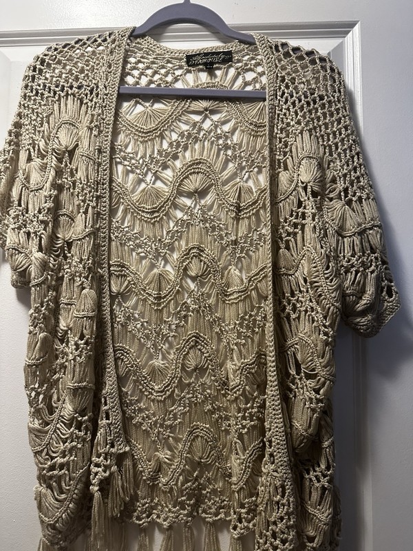 Large Boho Crochet Open Cardigan Short  Sleeves Fringe Taupe