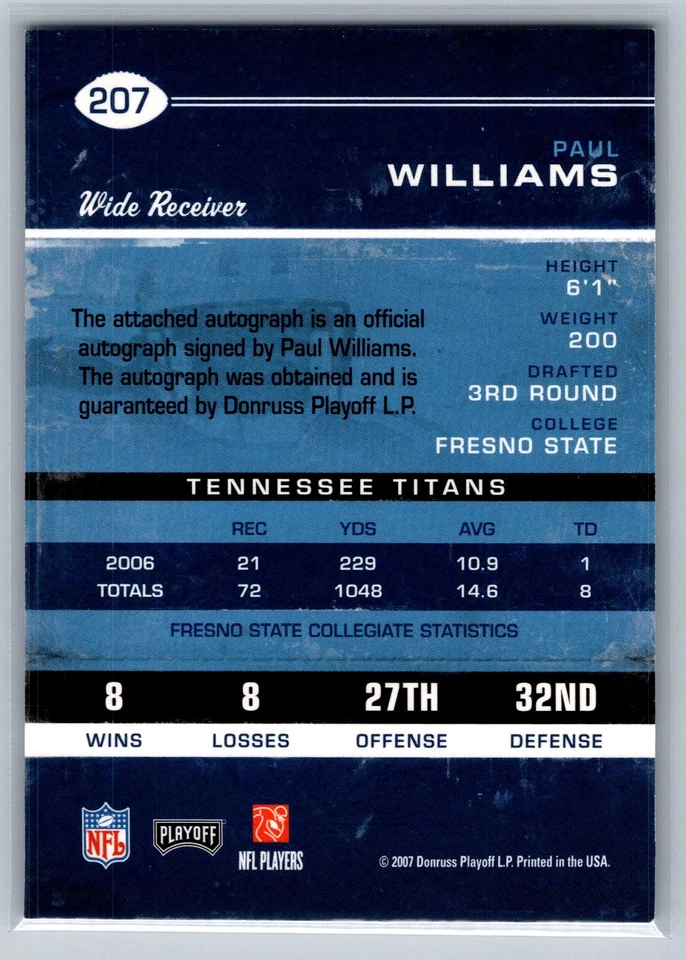 Paul Williams 2007 Playoff Contenders Rookie Ticket Auto #207 - Image 2 of 2