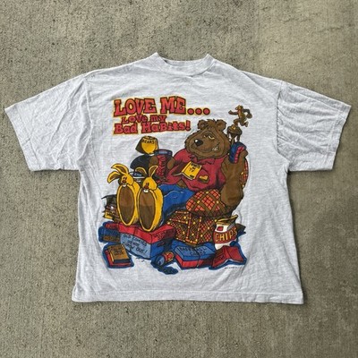 Vintage 90s Love Me Love My Bad Habits Bear Graphic Dad Joke T Shirt Mens XL