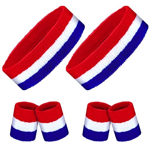 6 Pieces Sweatband Set Sports Headband Wristband Set Head Band Red-White-Blue - Photo 2/8