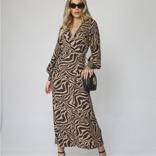 Ganni Zebra Print Crepe Midi Maxi Animal Print Wrap Dress Size EU 36 US 4