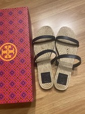 Tory Burch Two Band Flat Espadrille Slide Navy Leather Sandals Sz 7.5M