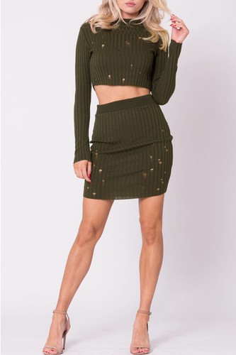 2 Pc Distressed Sweater Skirt Set 